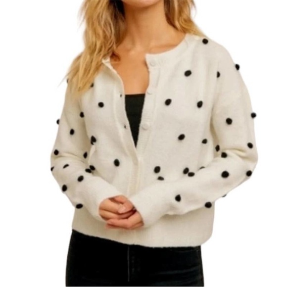 Hem & Thread Sweaters - NWT Hem & Thread Cardigan PomPom Polka Dot Button Down Sweater White and Black